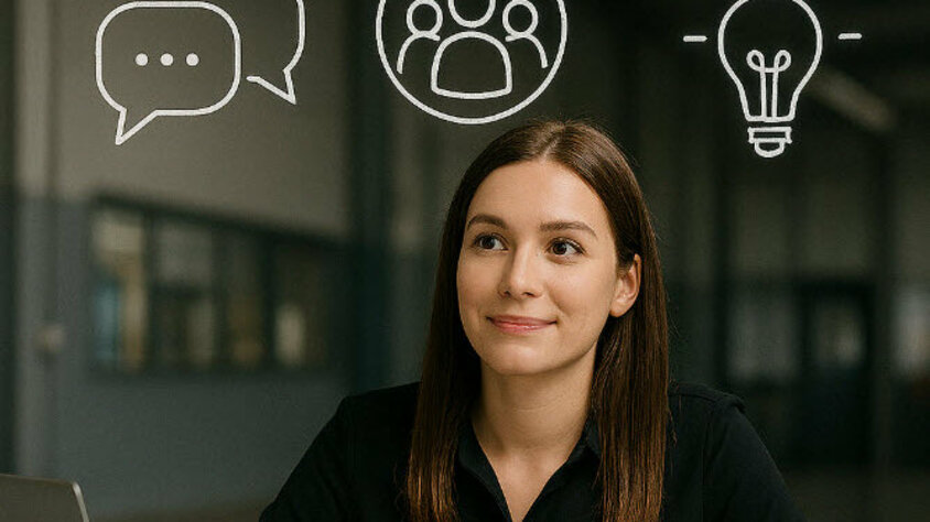 soft-skills-berufseinstieg-automobilindustrie Illustration einer Person am Schreibtisch mit schwebenden Symbolen für Soft Skills wie Kommunikation, Teamarbeit und Problemlösungsfähigkeit