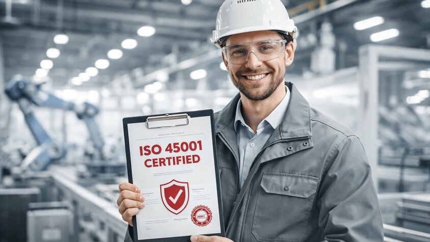 Mitarbeiter mit Schutzhelm zeigt ISO 45001 Zertifikat in industrieller Produktionsumgebung