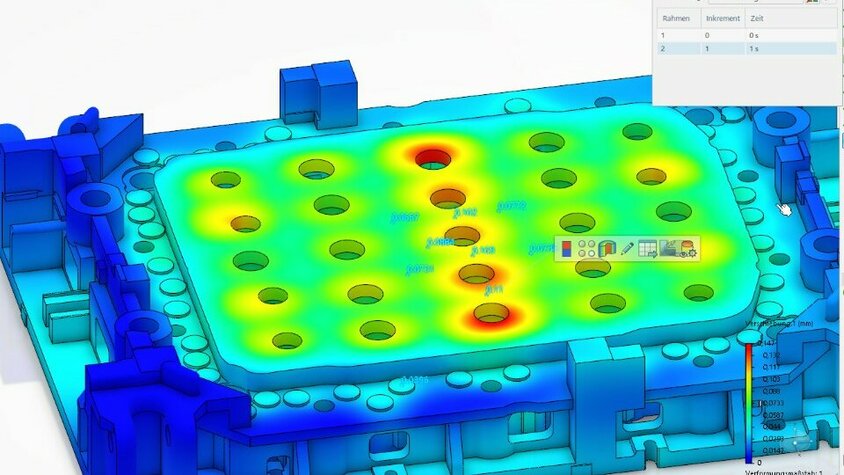 Festigkeitsanalyse zur Optimierung der Werkzeugstabilität Simulation einer Festigkeitsanalyse eines Umformwerkzeugs mit farbcodierter Spannungsverteilung. Kritische Belastungszonen sind hervorgehoben, um die Werkzeugstabilität zu verbessern und mögliche Schwachstellen zu eliminieren.