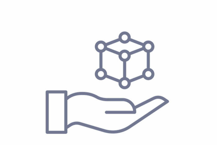 Symbolgrafik einer Hand, die ein vernetztes 3D-Modell hält – steht für Innovation, Entwicklung und Prototyping im Werkzeugbau bei weba.