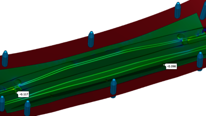 Präzise Blechumformsimulation für die Validierung eines Seitenaufprallträgers Digitale Blechumformsimulation eines Seitenaufprallträgers zur Validierung der Umformmethodik. Die Simulation zeigt Materialflüsse, Spannungsverteilungen und kritische Bereiche für eine optimierte Bauteilfertigung.