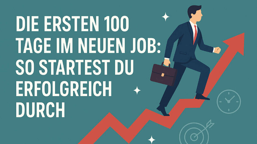 Erfolgreicher Start in den neuen Job – die ersten 100 Tage meistern Illustration eines Geschäftsmanns, der auf einem roten Pfeil nach oben läuft – sinnbildlich für einen erfolgreichen Einstieg in den neuen Job