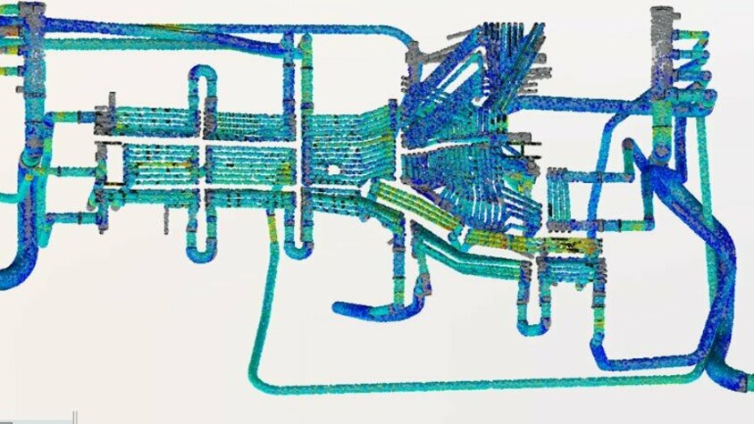 CFD-Simulation zur Optimierung des Kühlkonzepts Computational-Fluid-Dynamics (CFD)-Simulation eines Kühlkonzepts für ein Umformwerkzeug. Die Visualisierung zeigt die Strömungsverteilung innerhalb der Kühlkanäle, um die thermische Effizienz zu maximieren und Hotspots zu vermeiden.