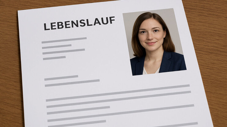 Lebenslauf auf einem Holztisch mit professionell eingefügtem Bewerbungsfoto einer jungen Frau im Blazer oben rechts auf dem Dokument.