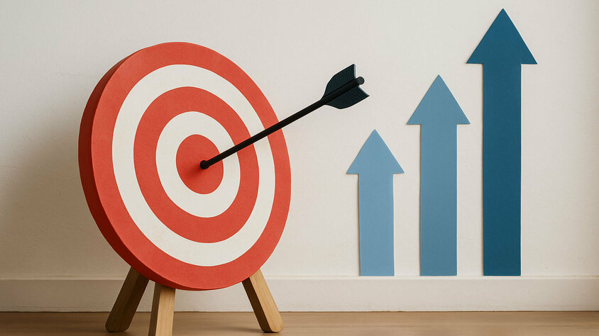 Eine Zielscheibe aus Holz mit einem Pfeil im Bullseye, daneben steigende blaue Pfeile als Symbol für Zielerreichung und Wachstum.
