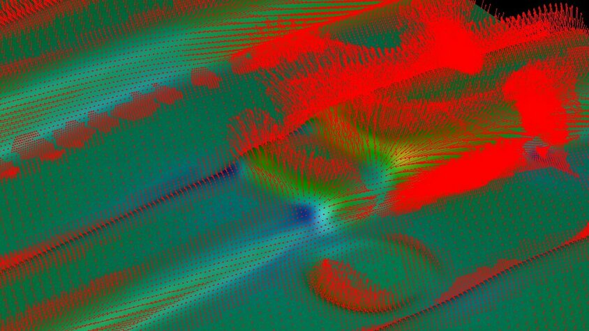 Virtual Die Spotting zur Optimierung der Kühlraten und Maßstabilität Farbkodierte Virtual-Die-Spotting-Simulation mit Vektorfeldern zur Darstellung von Wärmeverteilungen und Kühlströmen. Ziel ist die Verbesserung der Kühlraten und die Erhöhung der Maßstabilität im Umformprozess.