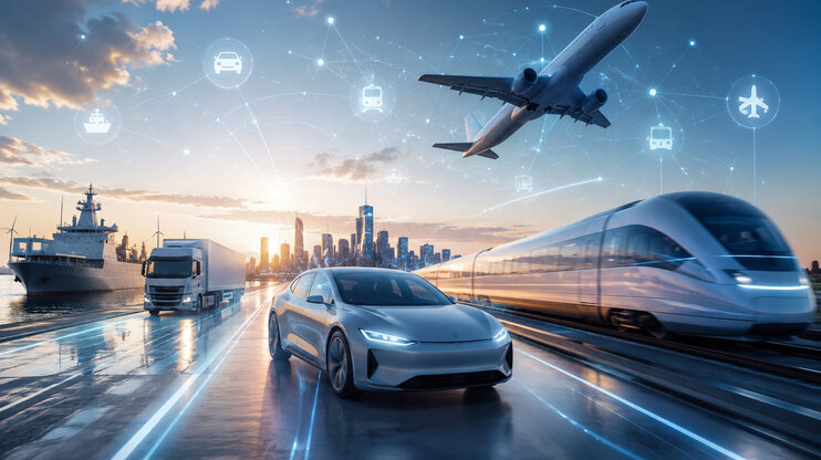 Futuristische Mobilitätsszene mit Elektrofahrzeug, Hochgeschwindigkeitszug, LKW, Schiff und Flugzeug vor moderner Skyline. Digitale Netzwerke und vernetzte Verkehrssymbole stehen für innovative Mobilitätslösungen und Zukunftstechnologien in den Bereichen Automotive, Rail, Aerospace und Logistics.