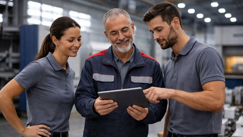 Mitarbeitende im Gespräch in einer industriellen Produktionshalle mit großen Maschinen