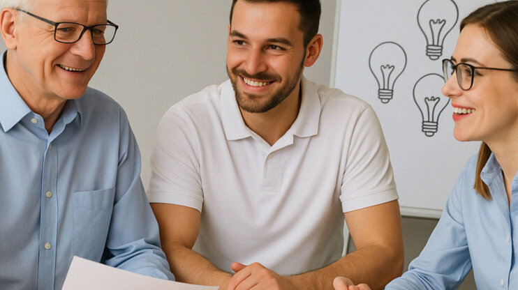 Drei Mitarbeiter sitzen an einem Tisch und diskutieren, im Hintergrund ein Flipchart mit der Aufschrift „Ideenbörse“ und gezeichneten Glühbirnen.
