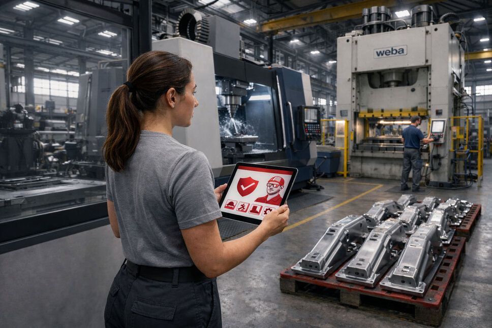 An employee checks processes on a milling machine in an industrial production environment